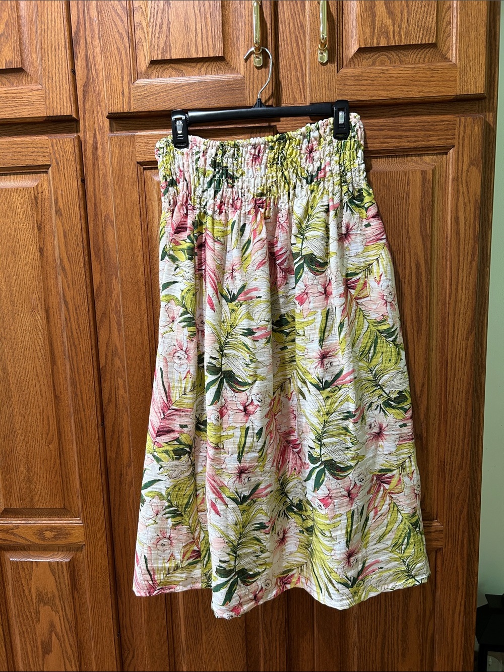 Floral Smocked Waist Midi Skirt - Pink & Green